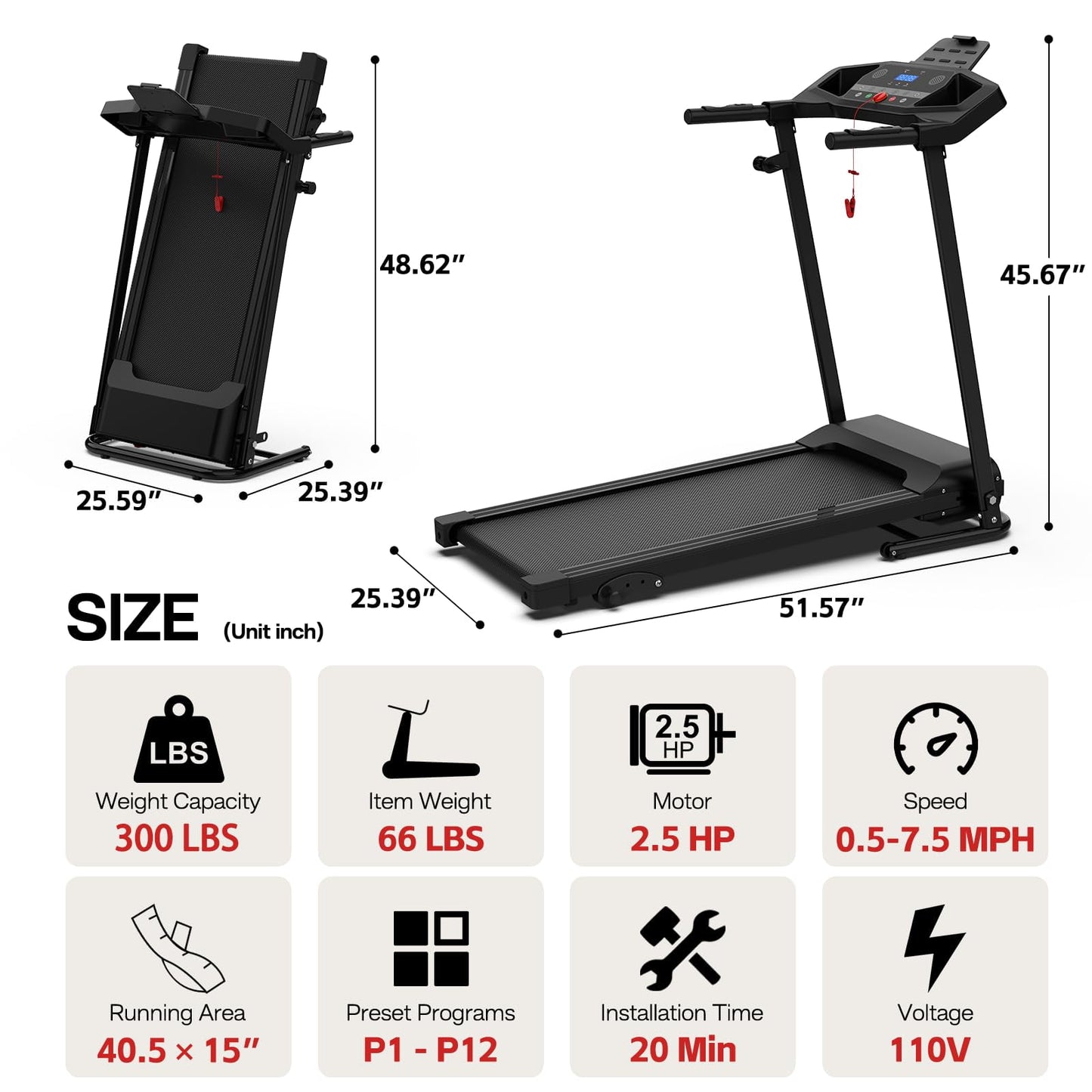 FYC Folding Treadmills with Incline, Foldable Portable Treadmills for Home Small Compact Mini Treadmill 300 LBS Capacity with 12 HIIT Modes LED Display Walking Pad Treadmill with Large Running Area