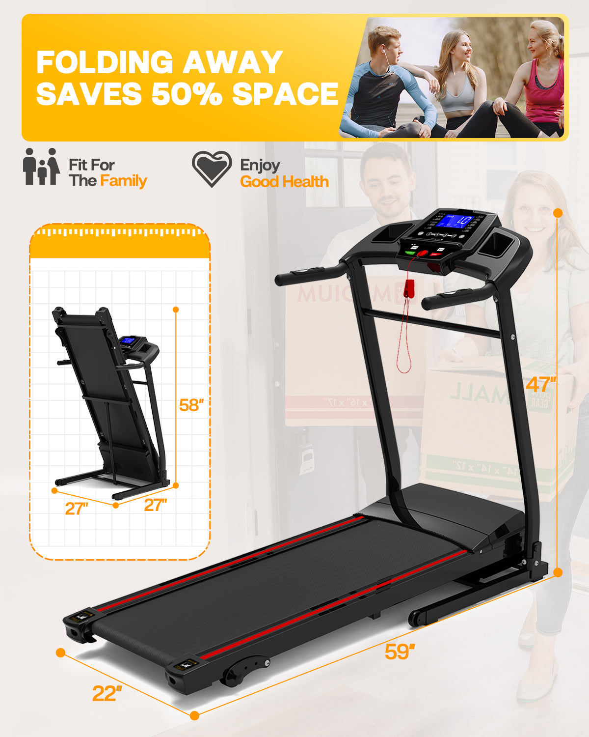 FYC Folding Treadmill with Incline - 330 LBS Weight 3.5HP Foldable Electric Machine with Bluetooth (JK370A)
