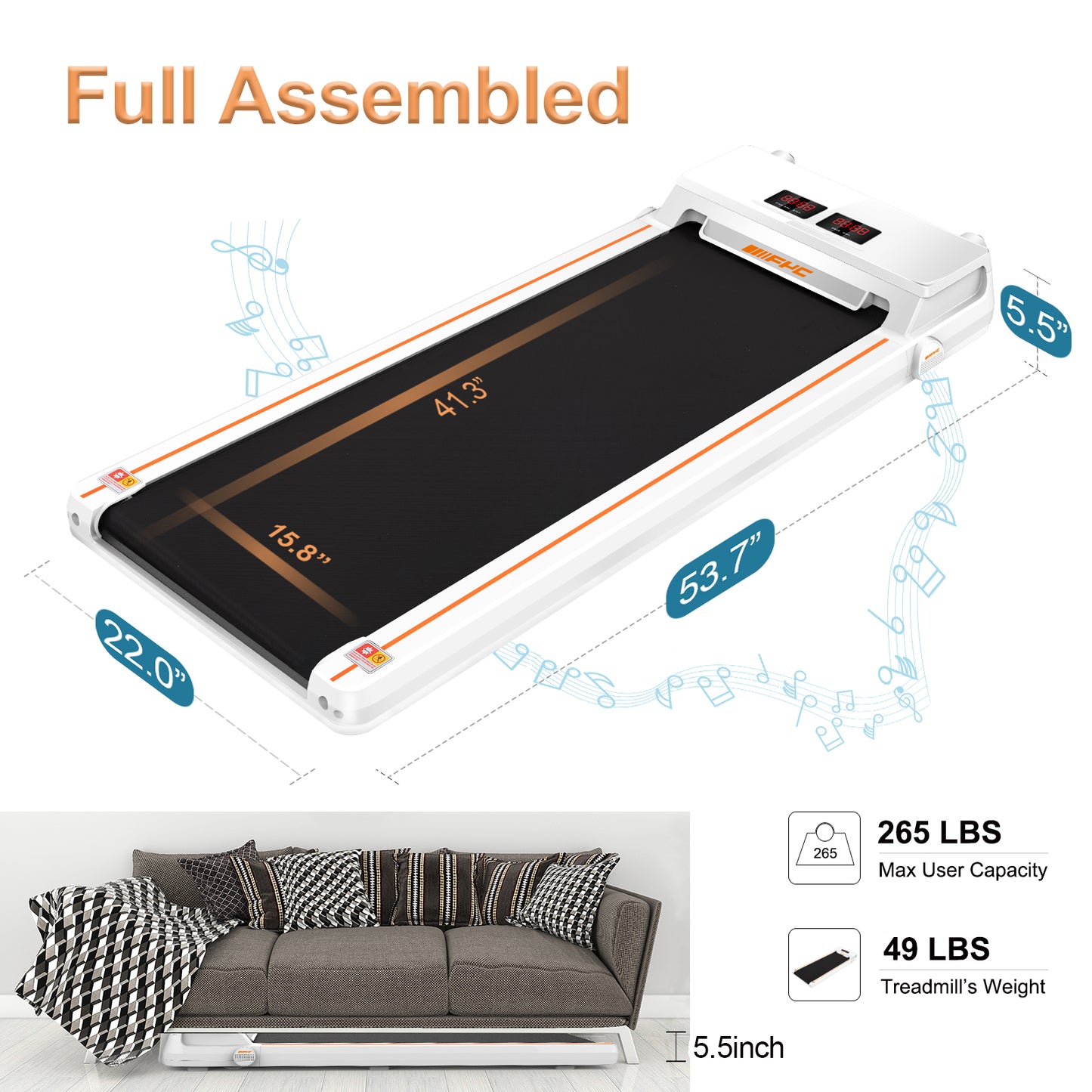 FYC Under Desk Treadmill 2.5HP Slim Walking Treadmill with APP/Bluetooth (JK30F-9-White)