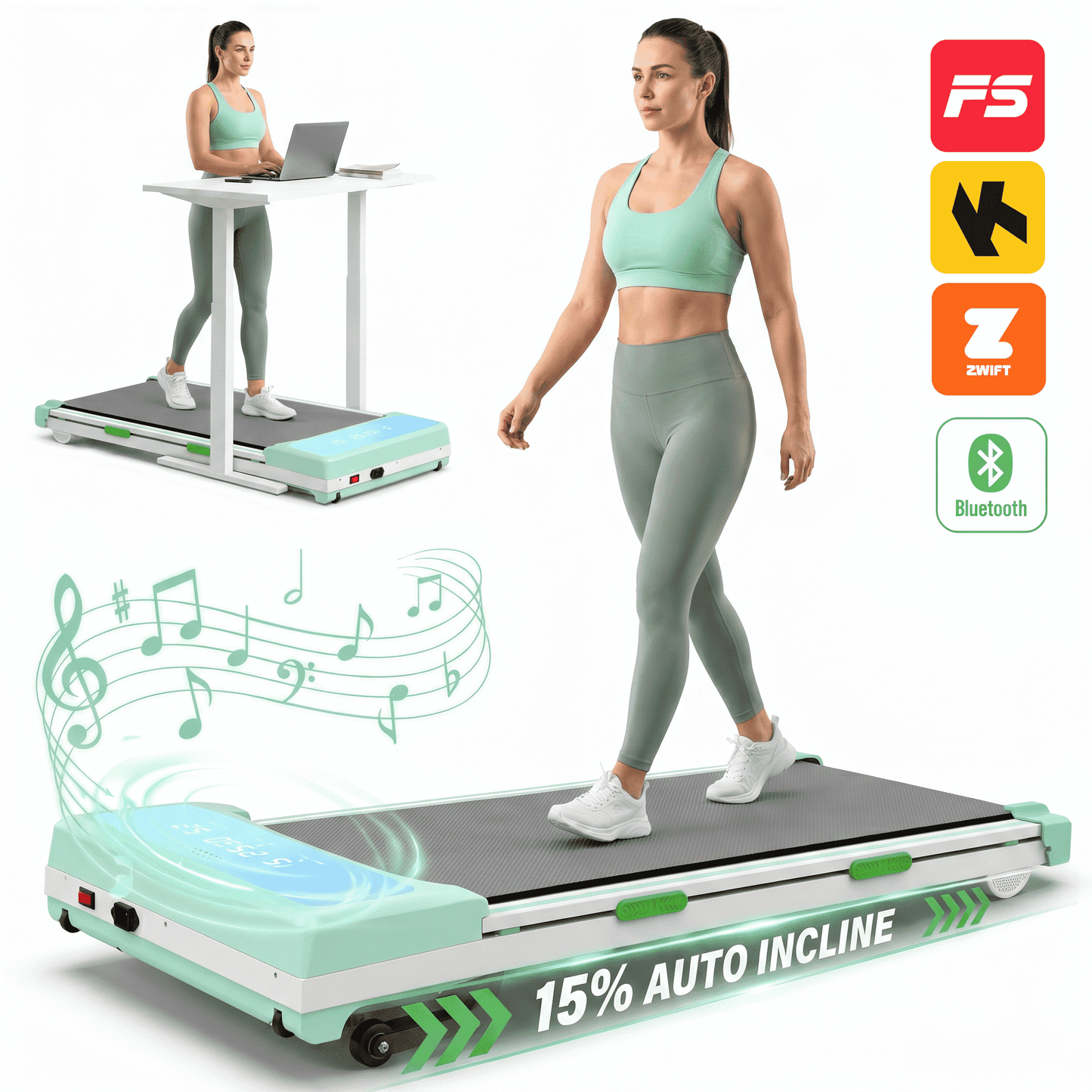 FYC Walking Pad Treadmill with 15% Auto Incline, 350 lbs Capacity 3.5HP Ultra Quiet Brushless Motor, 0.5-6MPH Speed, Bluetooth Speaker & APP, Under Desk Treadmill for Home Office Hiking