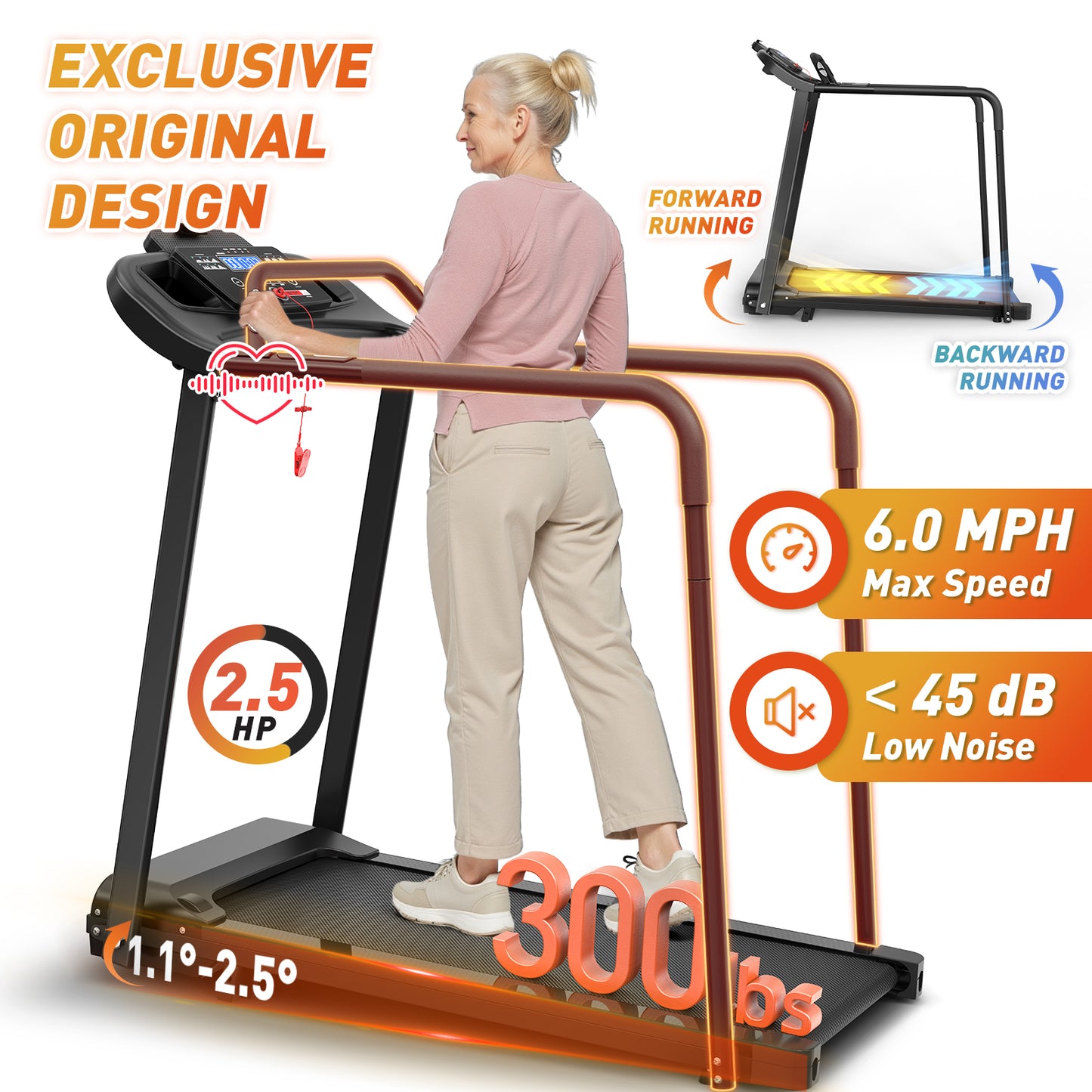 FYC Retro Walking Foldable Treadmill for Seniors with Incline Fitness Recovery with Side Rails, Reverse Walking Treadmill with Handrails, 300 lbs Capacity