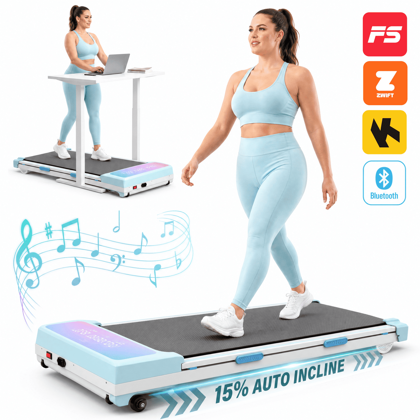 FYC Walking Pad Treadmill with 15% Auto Incline, 350 lbs Capacity 3.5HP Ultra Quiet Brushless Motor, 0.5-6MPH Speed, Bluetooth Speaker & APP, Under Desk Treadmill for Home Office Hiking