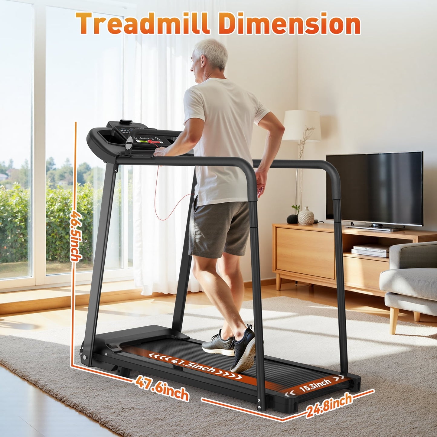 FYC Retro Walking Foldable Treadmill for Seniors with Incline Fitness Recovery with Side Rails, Reverse Walking Treadmill with Handrails, 300 lbs Capacity