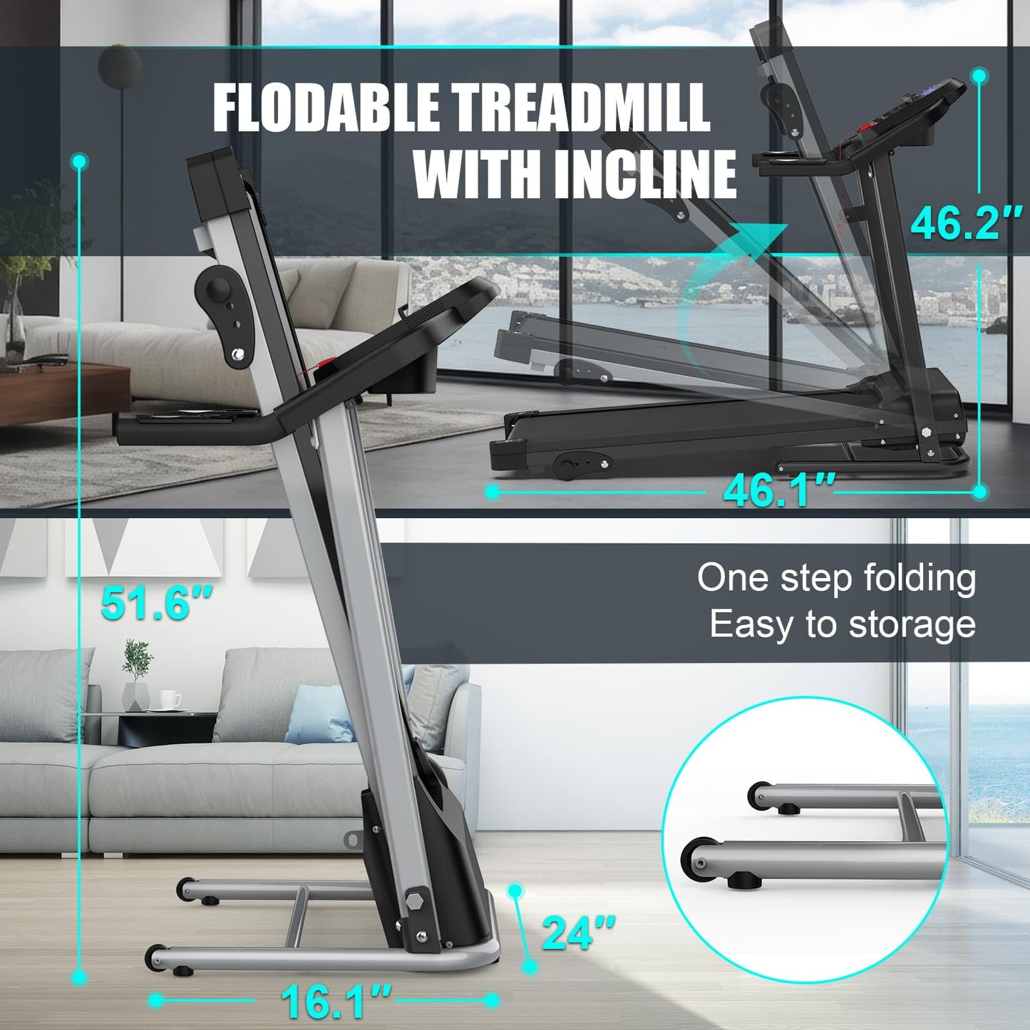 FYC Foldable Electric Treadmill for Home, 2.5HP Quiet 7.5 MPH with Heart Rate Sensor and LCD Display
