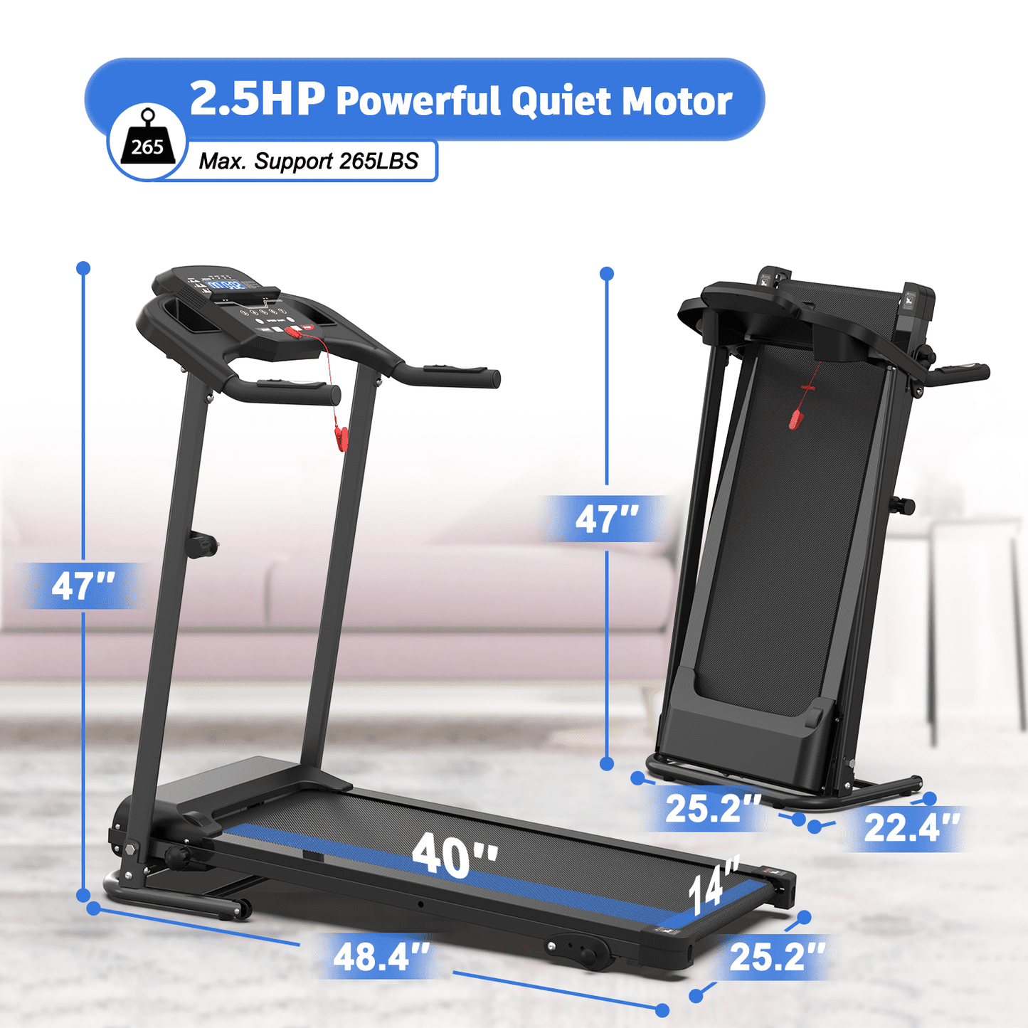FYC Foldable Electric Treadmill for Home, 2.5HP Quiet 7.5 MPH with Heart Rate Sensor and LCD Display