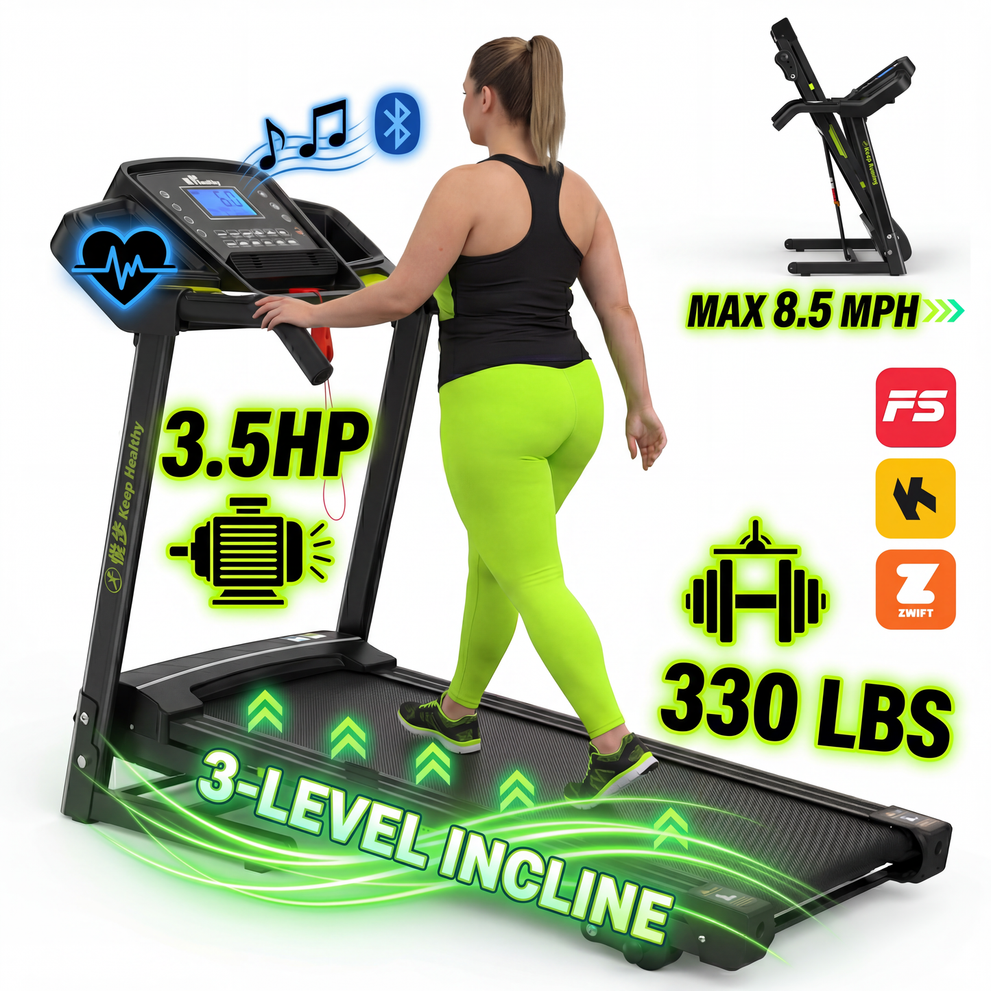 FYC 400lb Capacity 3.5 HP Treadmill with 15% Auto Incline for Home - Heavy Duty Foldable Treadmill with APP/Bluetooth - 18 Inch Wide Belt Folding Treadmill
