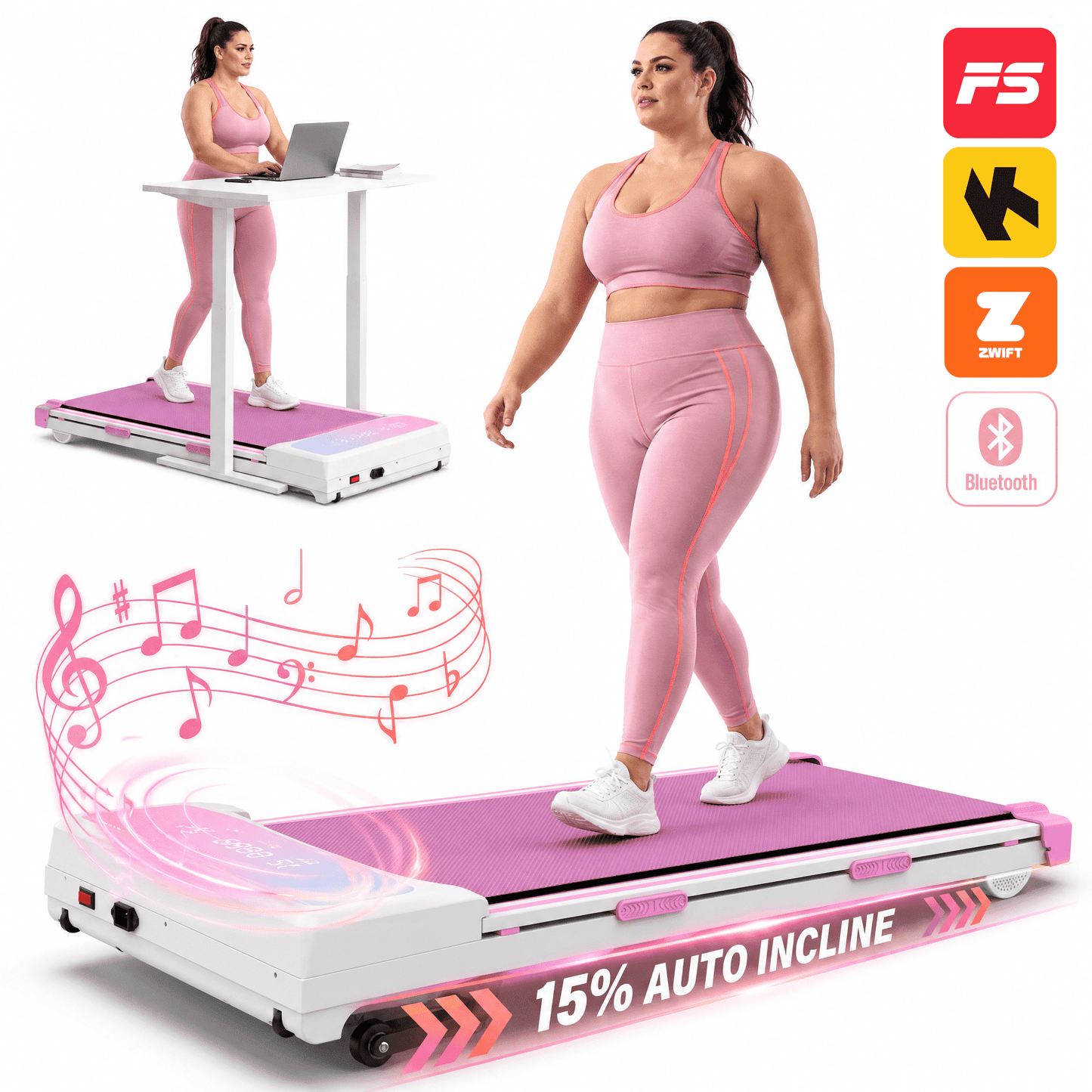 FYC Walking Pad Treadmill with 15% Auto Incline, 350 lbs Capacity 3.5HP Ultra Quiet Brushless Motor, 0.5-6MPH Speed, Bluetooth Speaker & APP, Under Desk Treadmill for Home Office Hiking