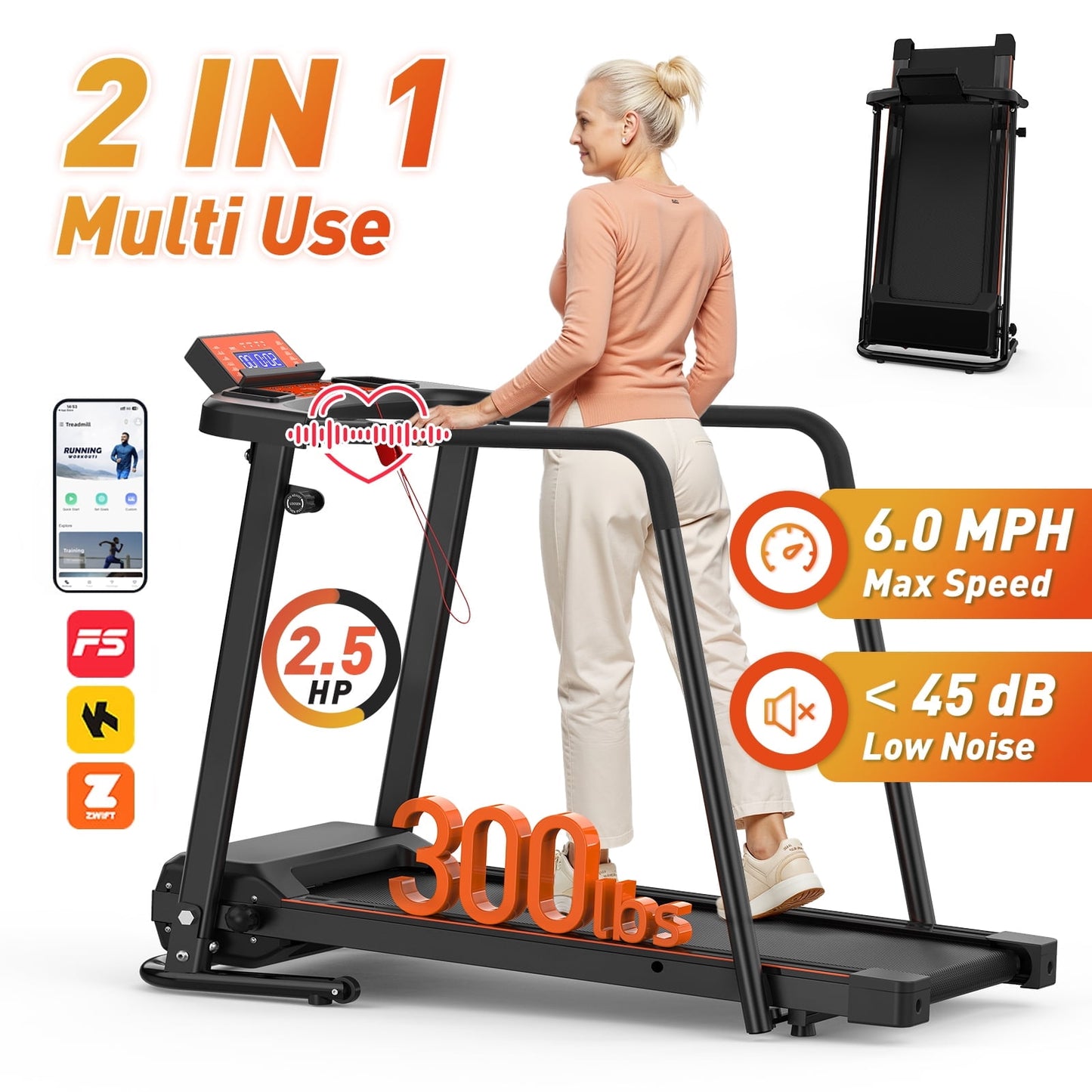 FYC Retro Walking Foldable Treadmill for Seniors with Incline Fitness Recovery with Side Rails, Reverse Walking Treadmill with Handrails, 300 lbs Capacity