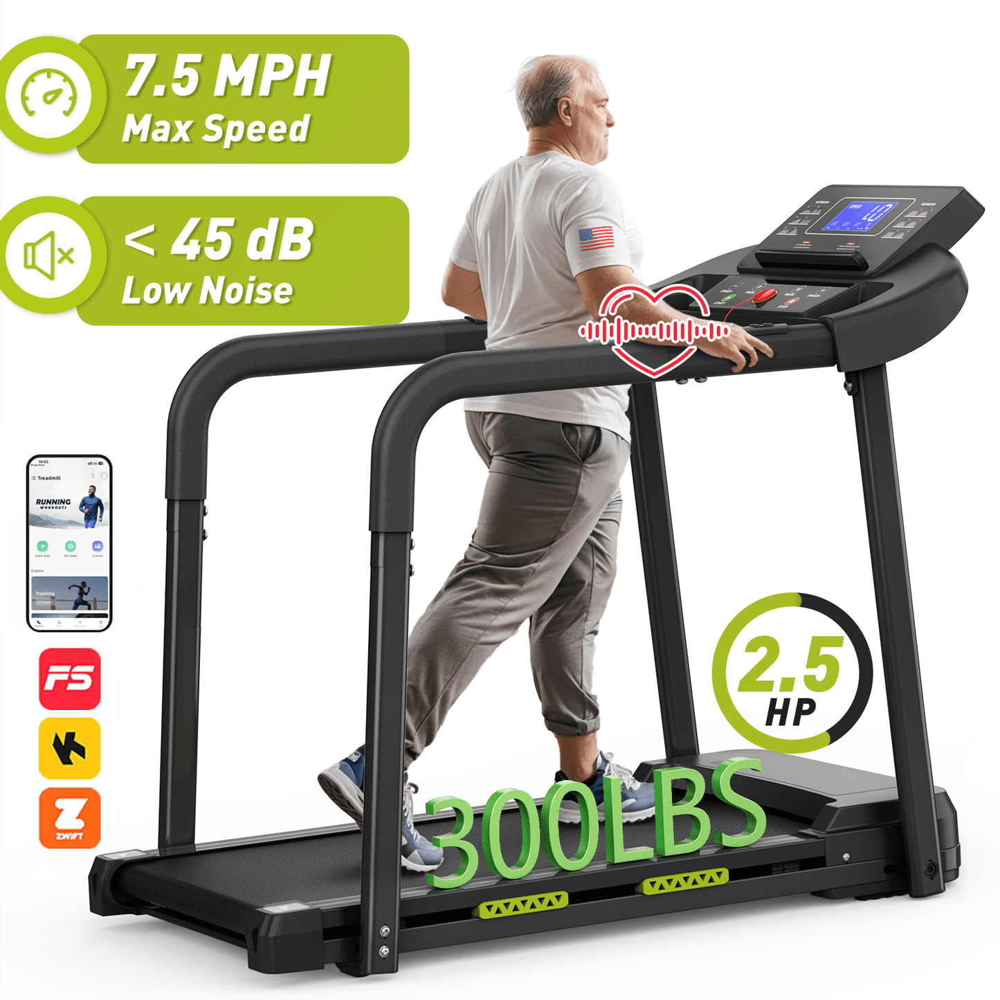 FYC Retro Walking Foldable Treadmill for Seniors with Incline Fitness Recovery with Side Rails, Reverse Walking Treadmill with Handrails, 300 lbs Capacity