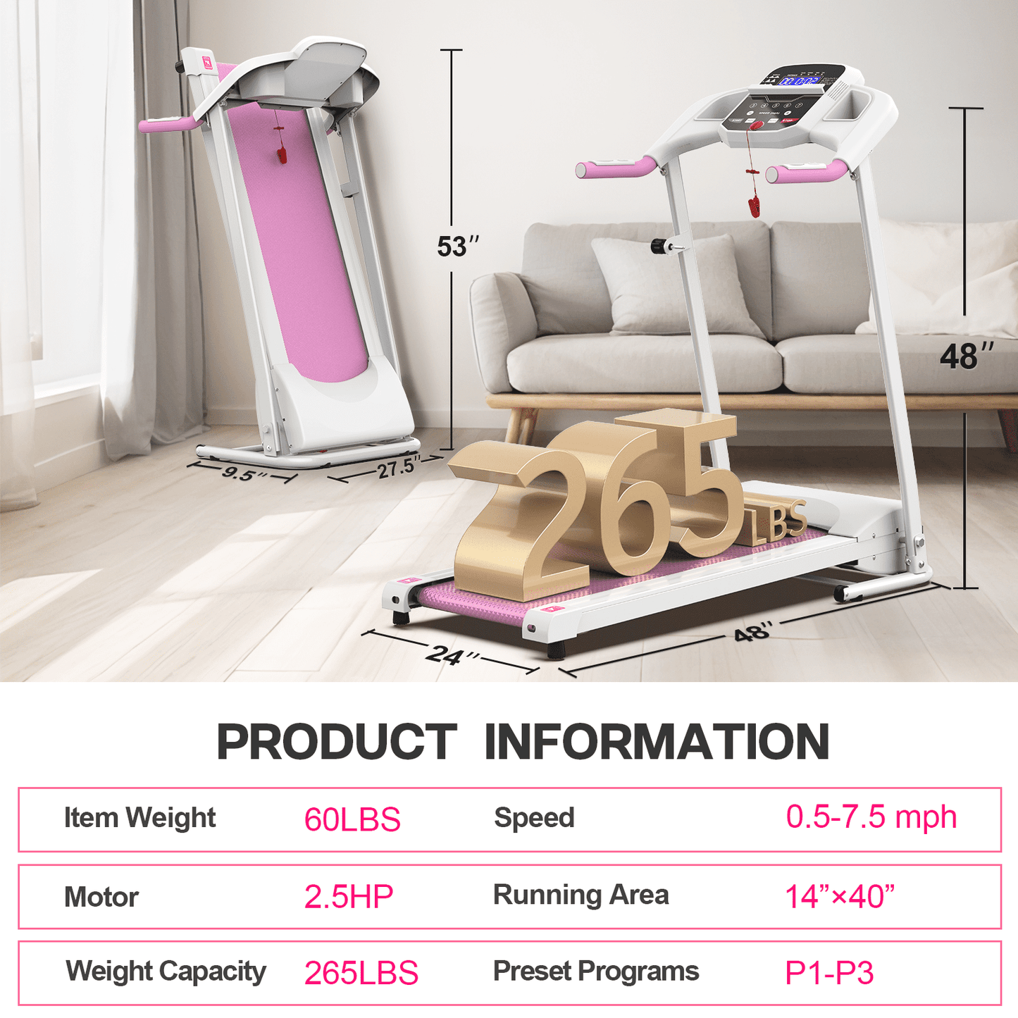 FYC Foldable Electric Treadmill for Home, 2.5HP Quiet 7.5 MPH with Heart Rate Sensor and LCD Display