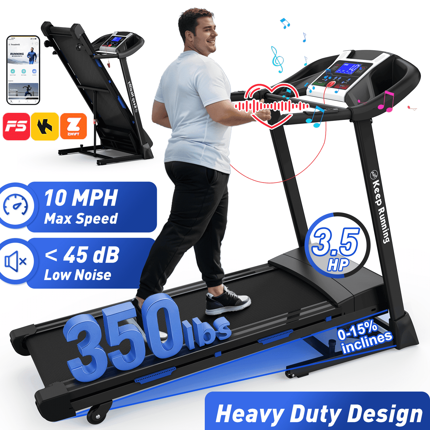 FYC 400lb Capacity 3.5 HP Treadmill with 15% Auto Incline for Home - Heavy Duty Foldable Treadmill with APP/Bluetooth - 18 Inch Wide Belt Folding Treadmill