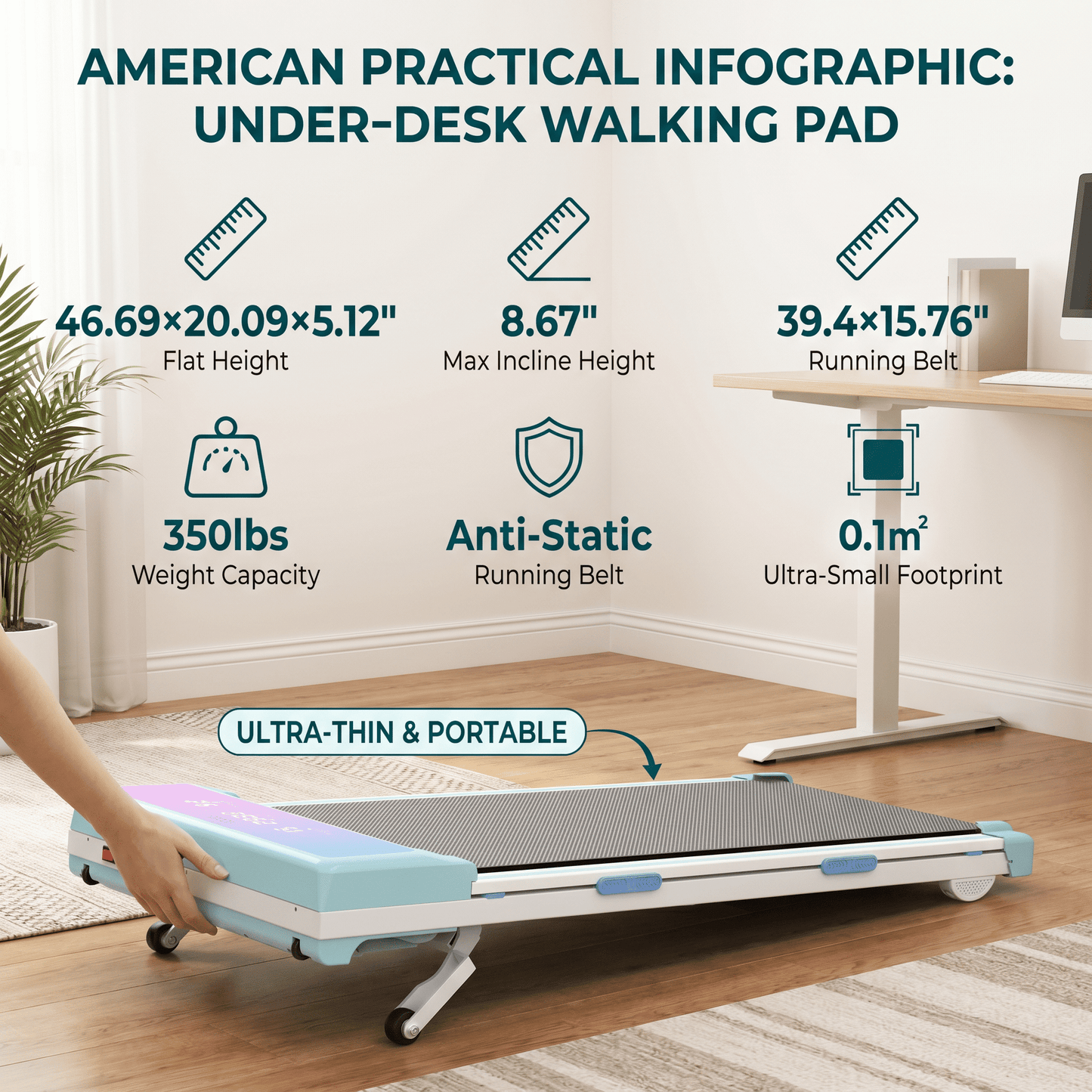 FYC Walking Pad Treadmill with 15% Auto Incline, 350 lbs Capacity 3.5HP Ultra Quiet Brushless Motor, 0.5-6MPH Speed, Bluetooth Speaker & APP, Under Desk Treadmill for Home Office Hiking