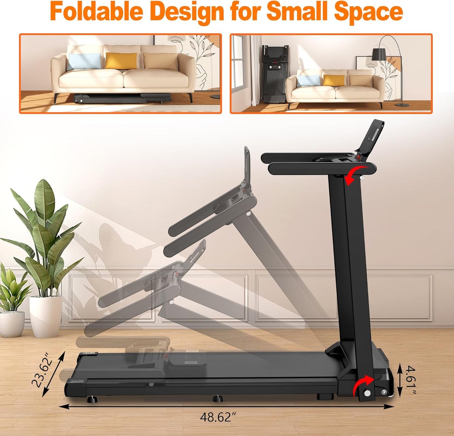 FYC Folding Treadmill with Handles, Treadmills for Home Small Spaces, 2.5HP Foldable Treadmills with LED Display, 300 LBS Capacity, Walking Pad Treadmill with Handle Bar
