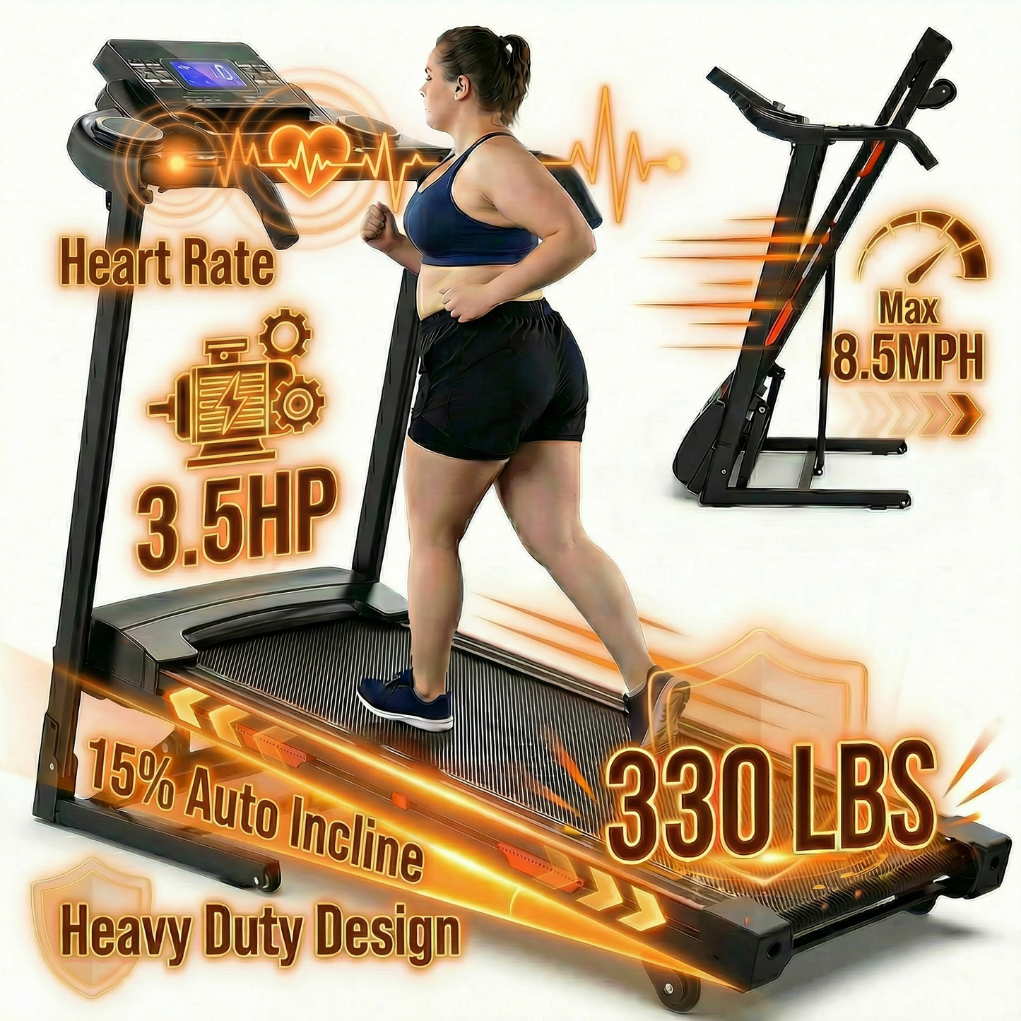 FYC 400lb Capacity 3.5 HP Treadmill with 15% Auto Incline for Home - Heavy Duty Foldable Treadmill with APP/Bluetooth - 18 Inch Wide Belt Folding Treadmill