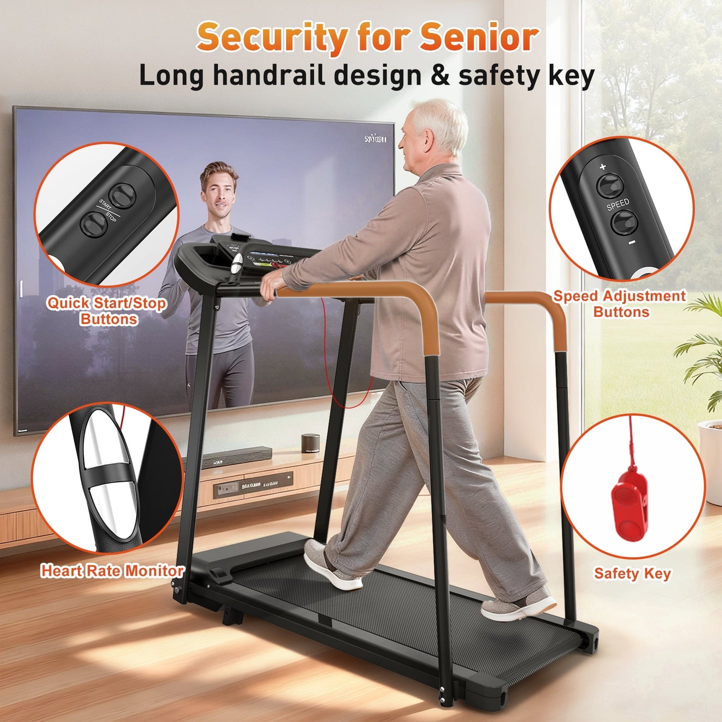 FYC Retro Walking Foldable Treadmill for Seniors with Incline Fitness Recovery with Side Rails, Reverse Walking Treadmill with Handrails, 300 lbs Capacity