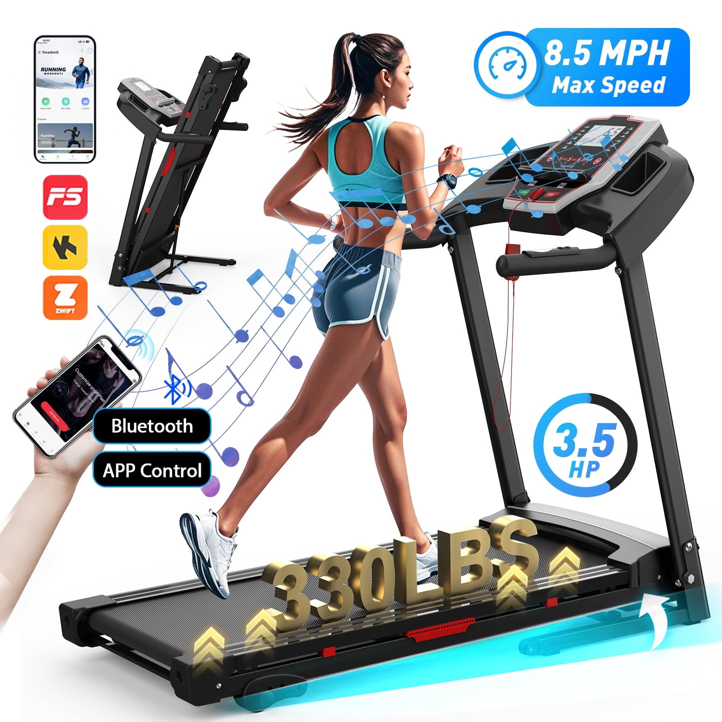 FYC 400LBS Capacity 3.5 HP Treadmill with 15% Auto Incline for Home- Heavy Duty Treadmill Foldable with APP/Bluetooth - 18 Inch Wide Belt, Folding Treadmill for Home Gym Walking Running Exercise