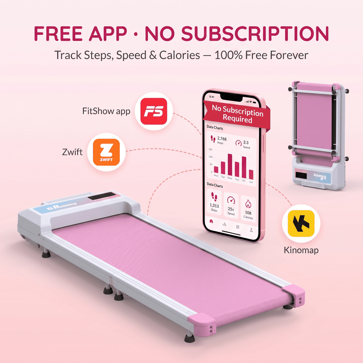 FYC Under Desk Walking Pad, 180°  Foldable Treadmill for Home Office, 2.5HP Quiet Brushless Motor 0.5-4MPH Speed 300LBS Capacity, Compact Design for Small Space,  App Control & Bluetooth Speaker