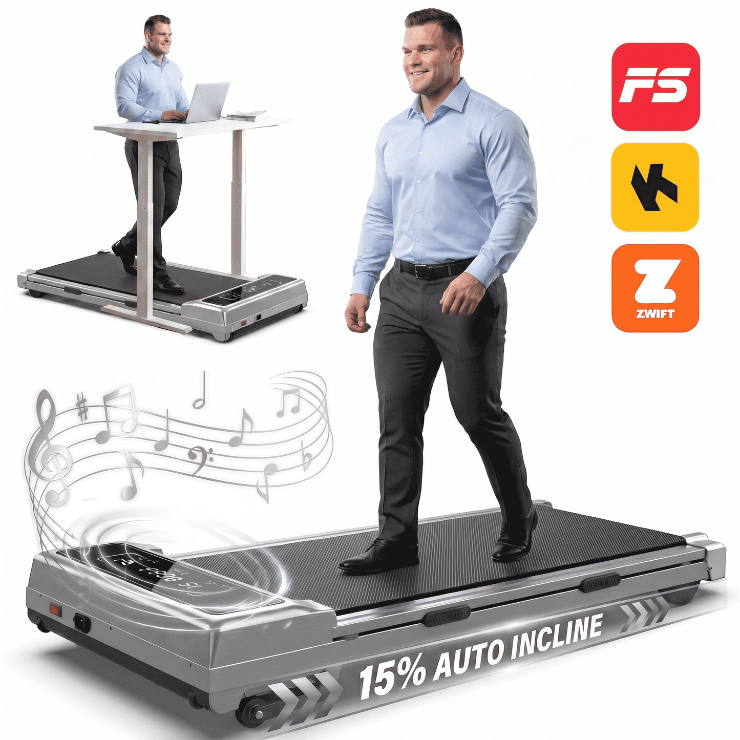 FYC Walking Pad Treadmill with 15% Auto Incline, 350 lbs Capacity 3.5HP Ultra Quiet Brushless Motor, 0.5-6MPH Speed, Bluetooth Speaker & APP, Under Desk Treadmill for Home Office Hiking