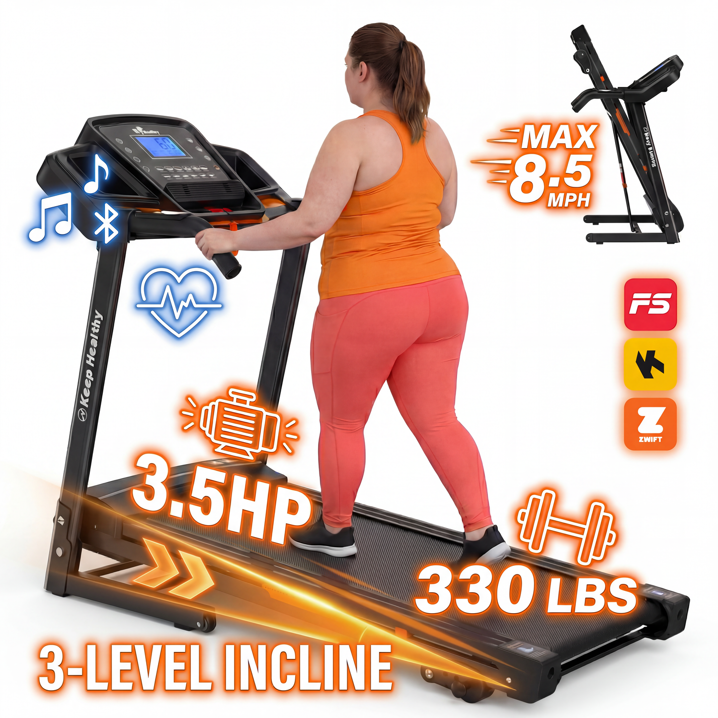 FYC 400lb Capacity 3.5 HP Treadmill with 15% Auto Incline for Home - Heavy Duty Foldable Treadmill with APP/Bluetooth - 18 Inch Wide Belt Folding Treadmill