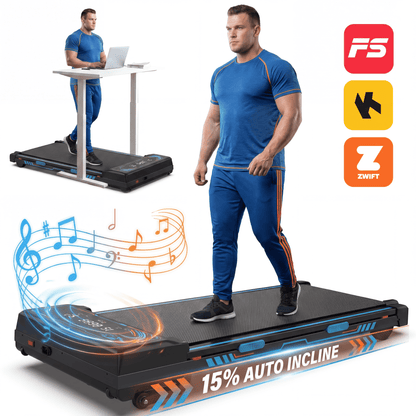 FYC Walking Pad Treadmill with 15% Auto Incline, 350 lbs Capacity 3.5HP Ultra Quiet Brushless Motor, 0.5-6MPH Speed, Bluetooth Speaker & APP, Under Desk Treadmill for Home Office Hiking