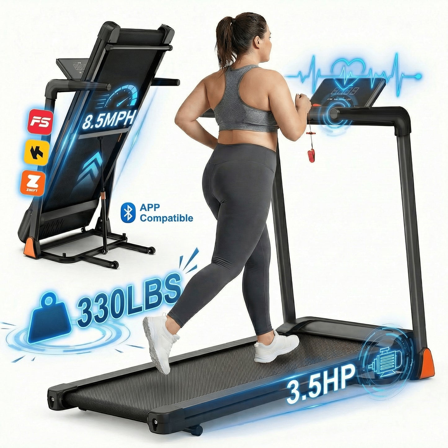 FYC 400lb Capacity 3.5 HP Treadmill with 15% Auto Incline for Home - Heavy Duty Foldable Treadmill with APP/Bluetooth - 18 Inch Wide Belt Folding Treadmill