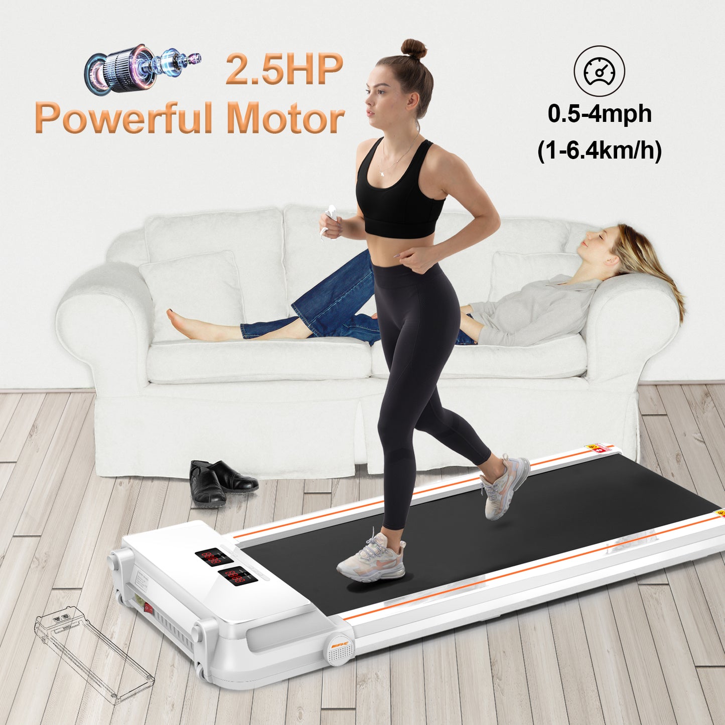 FYC Under Desk Treadmill 2.5HP Slim Walking Treadmill with APP/Bluetooth (JK30F-9-White)